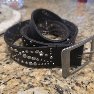 Free People Silver Tone Studded Black Leather Rhinestone Belt Women 32-36inch